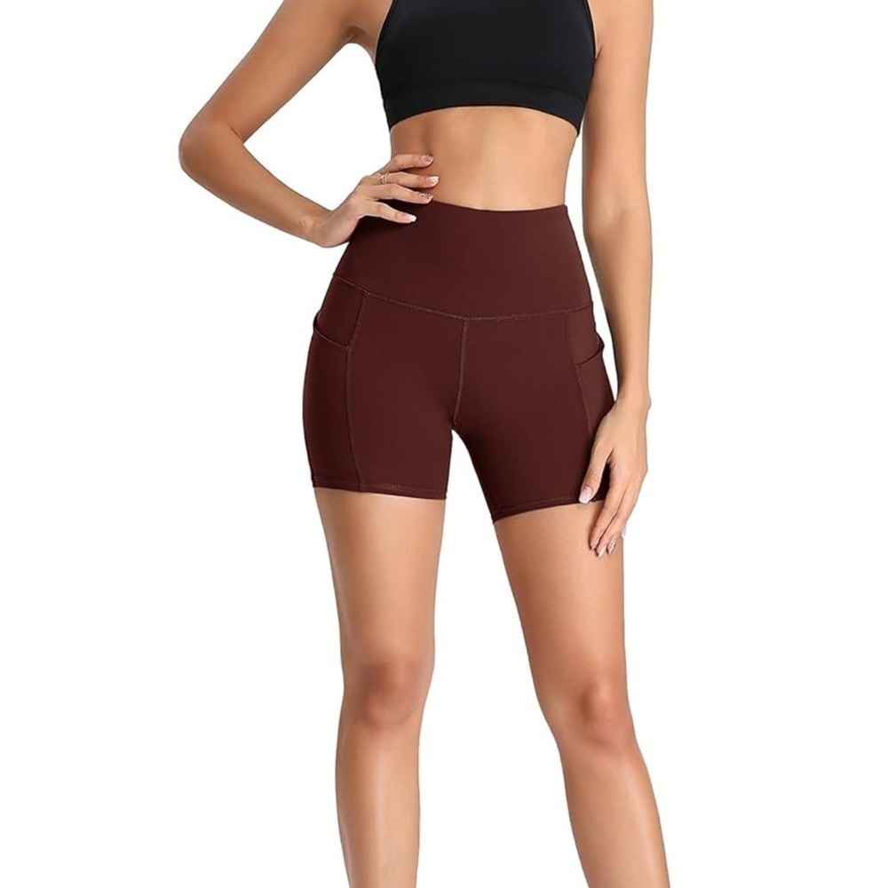 Oalka Women's Shorts Side Pockets High Waist Workout spandex Shorts Brown Large - Picture 3 of 11